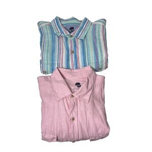 2 Ocean & Coast 100% Linen Button Down Shirts Mens Roll Sleeve Stripe Pink  XL
